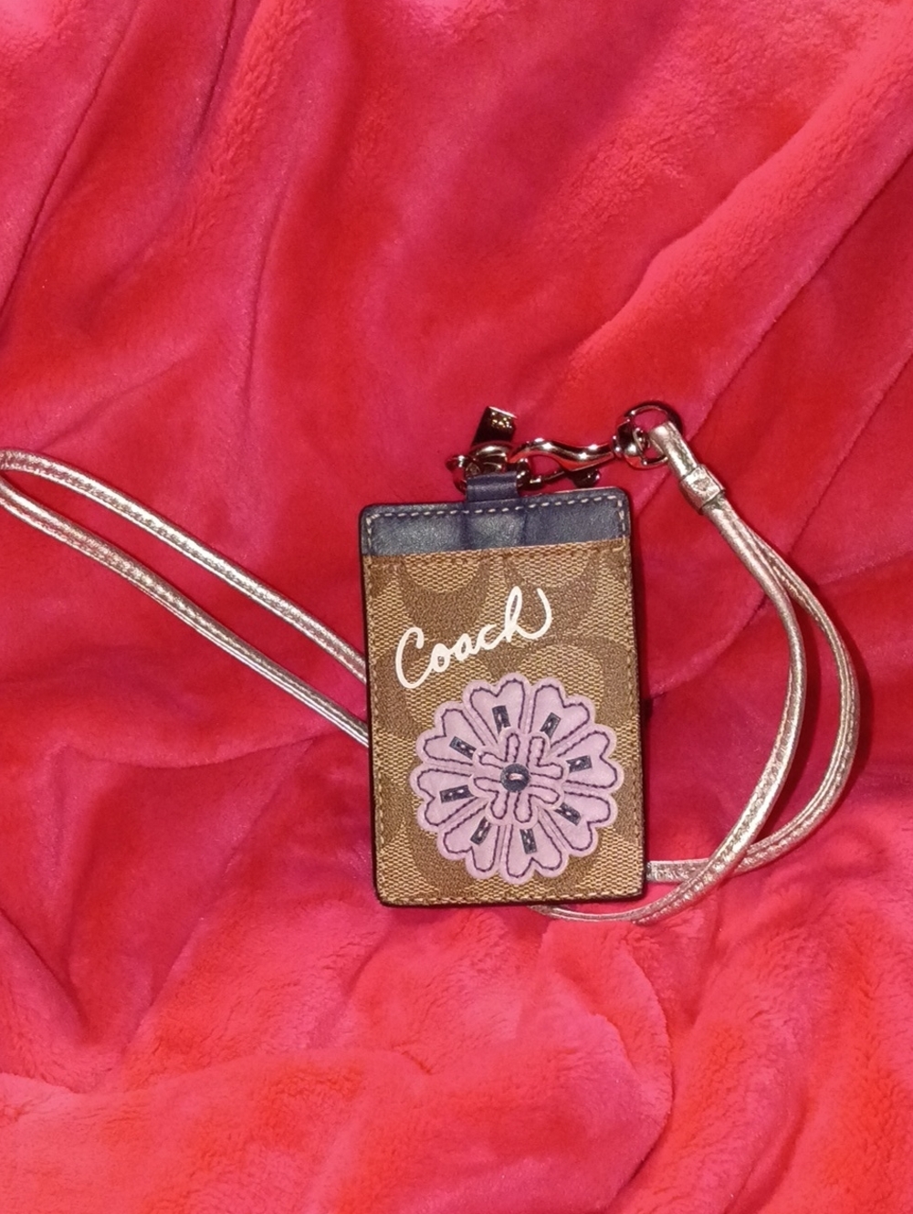 Coach Brown Signature Card Holder with Pink Floral Applique and Silver Strap